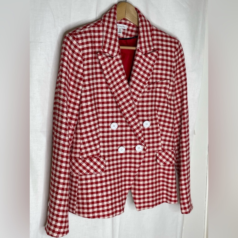 TOPSHOP Red and white checked double breasted jacket